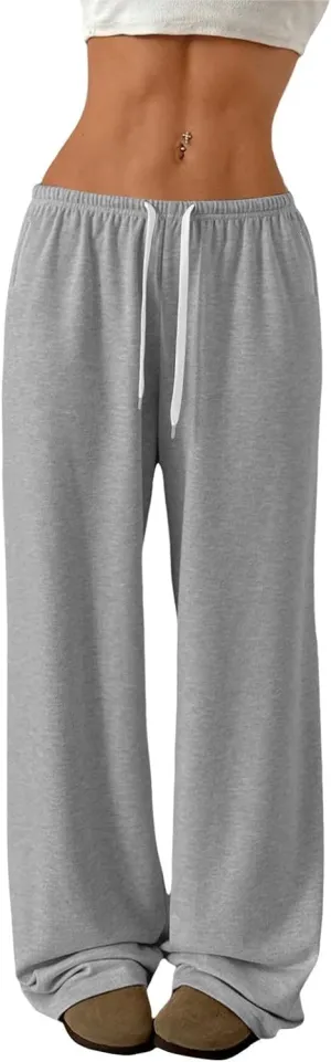 Womens Low Rise Baggy Sweatpants Elastic Drawstring Wide Leg Workout Pants Lightweight Yoga Track Pants with Pockets