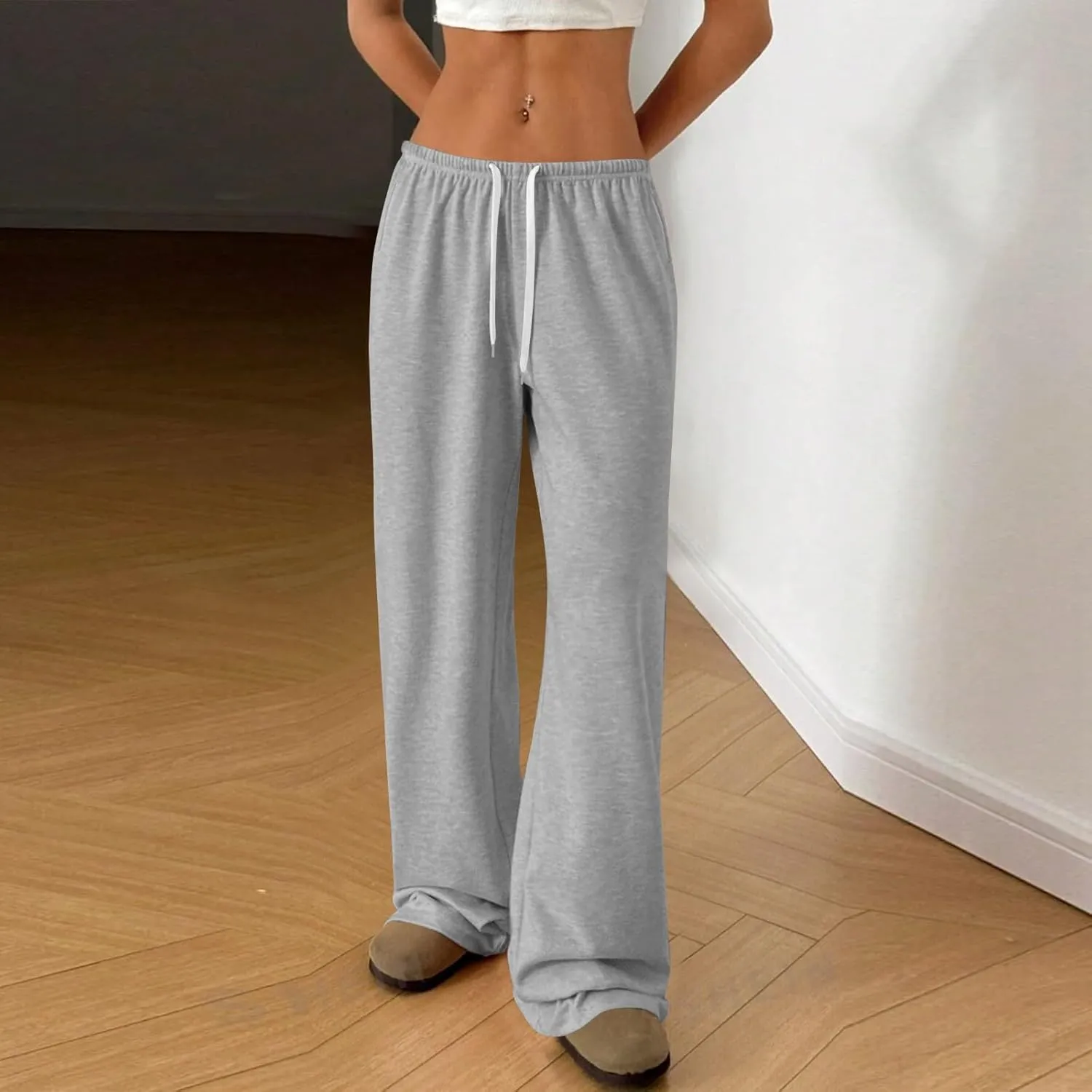 Womens Low Rise Baggy Sweatpants Elastic Drawstring Wide Leg Workout Pants Lightweight Yoga Track Pants with Pockets