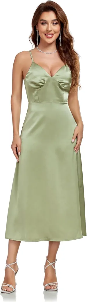 Womens Midi Satin Silk Spaghetti Strap Dresses Slip V Neck Cocktail Casual Party Sexy Dress