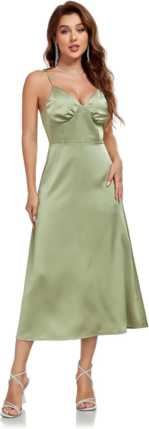 Womens Midi Satin Silk Spaghetti Strap Dresses Slip V Neck Cocktail Casual Party Sexy Dress