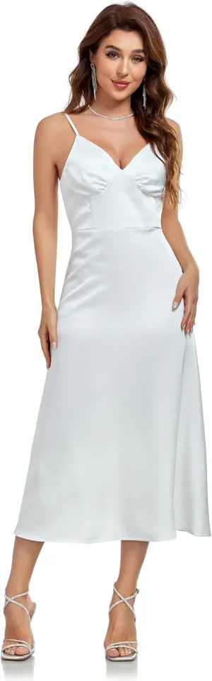 Womens Midi Satin Silk Spaghetti Strap Dresses Slip V Neck Cocktail Casual Party Sexy Dress