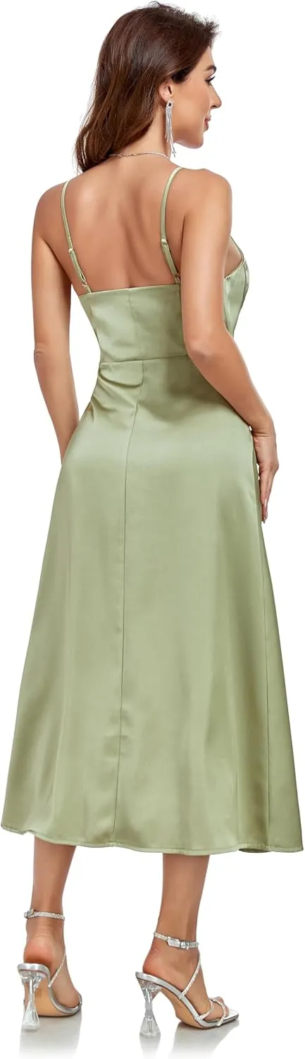 Womens Midi Satin Silk Spaghetti Strap Dresses Slip V Neck Cocktail Casual Party Sexy Dress