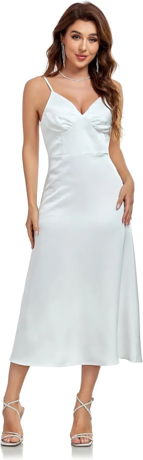 Womens Midi Satin Silk Spaghetti Strap Dresses Slip V Neck Cocktail Casual Party Sexy Dress