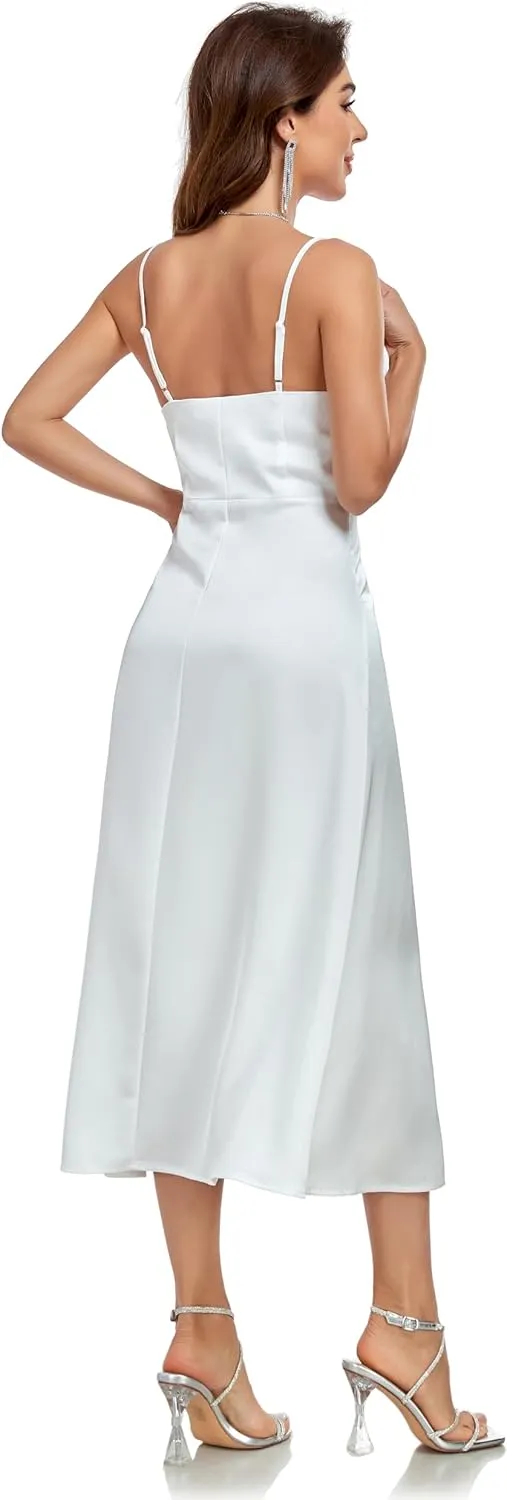 Womens Midi Satin Silk Spaghetti Strap Dresses Slip V Neck Cocktail Casual Party Sexy Dress