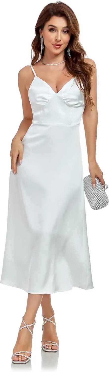 Womens Midi Satin Silk Spaghetti Strap Dresses Slip V Neck Cocktail Casual Party Sexy Dress
