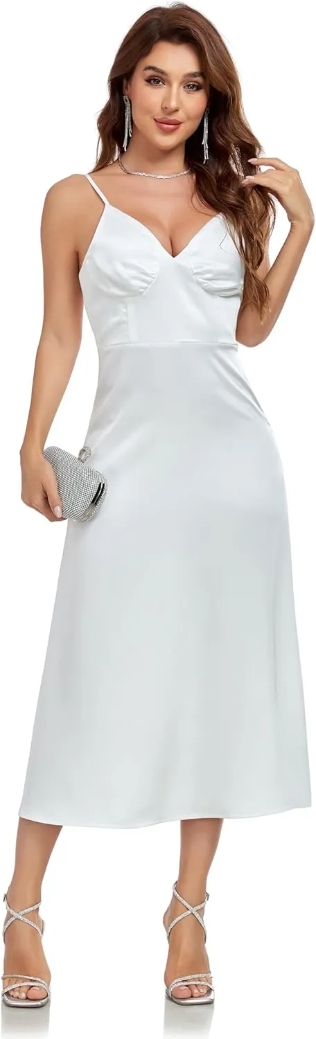 Womens Midi Satin Silk Spaghetti Strap Dresses Slip V Neck Cocktail Casual Party Sexy Dress