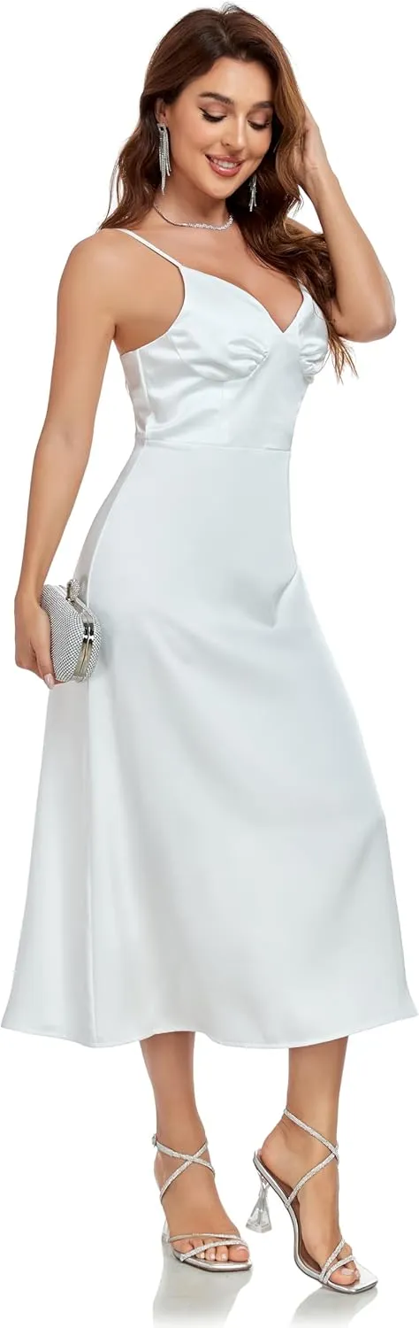 Womens Midi Satin Silk Spaghetti Strap Dresses Slip V Neck Cocktail Casual Party Sexy Dress