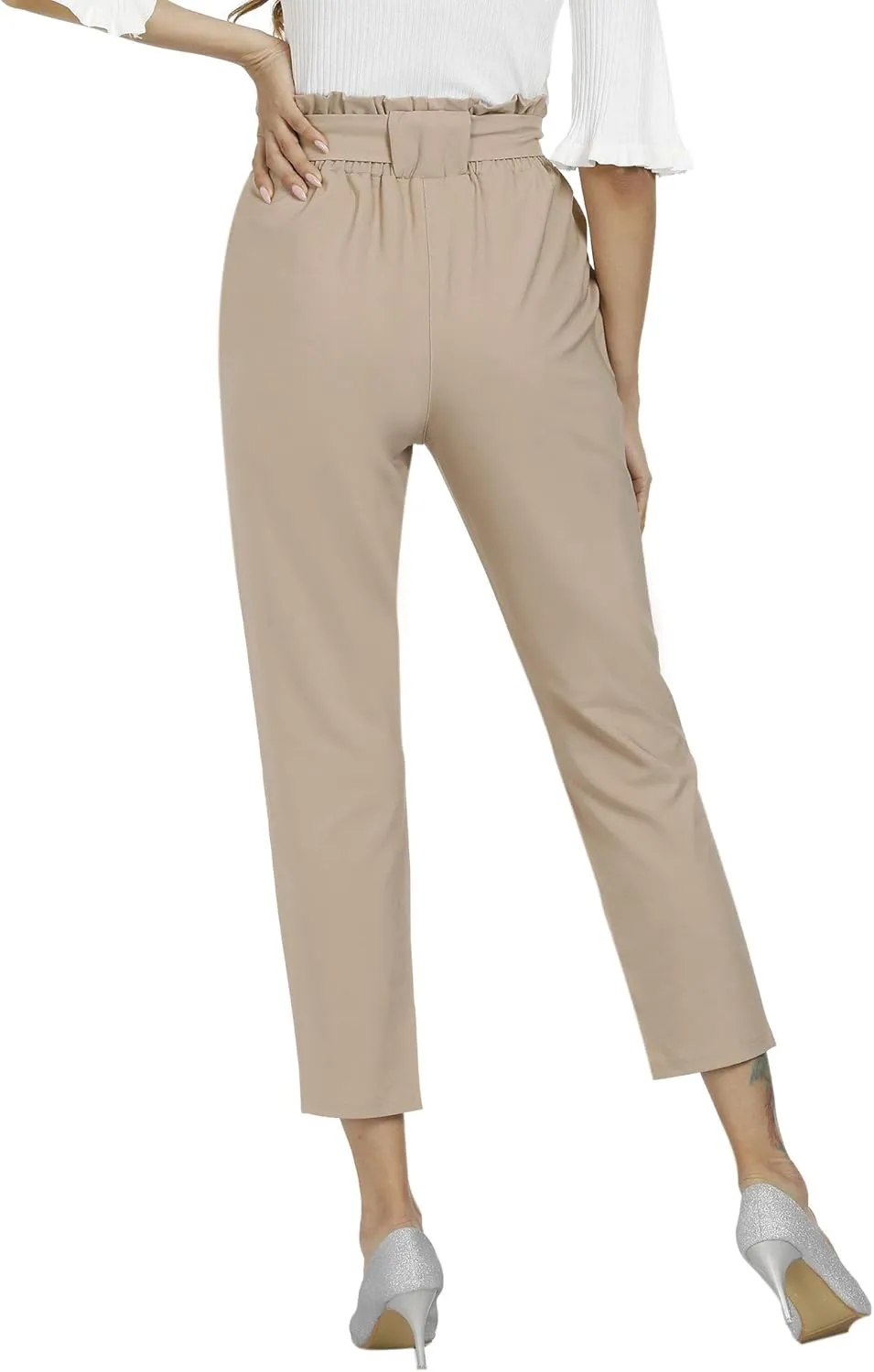 Women's Pants Casual Trouser Paper Bag Pants Elastic Waist Slim Pockets