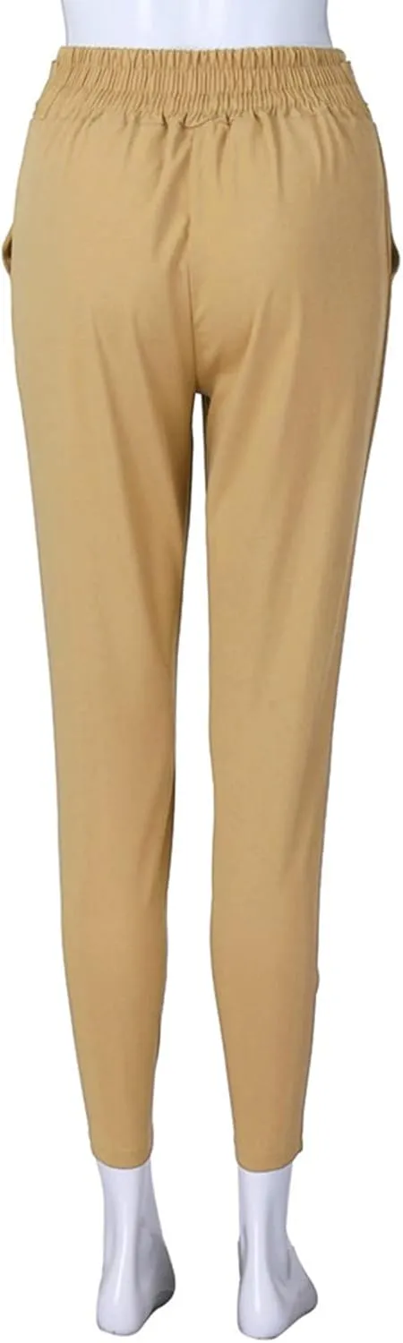 Women's Paper Bag Waist Pants Slim Fit Casual Office Pencil Trousers Elastic High Waist Bow-Knot Slacks with Pockets