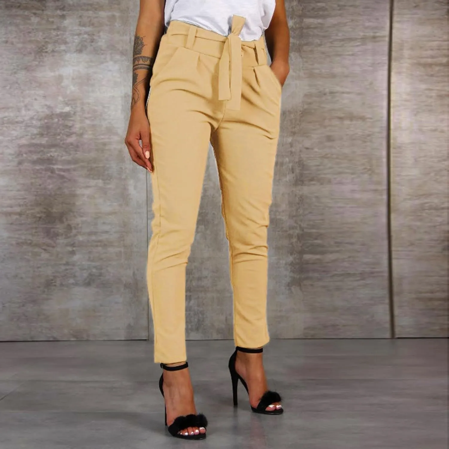 Women's Paper Bag Waist Pants Slim Fit Casual Office Pencil Trousers Elastic High Waist Bow-Knot Slacks with Pockets