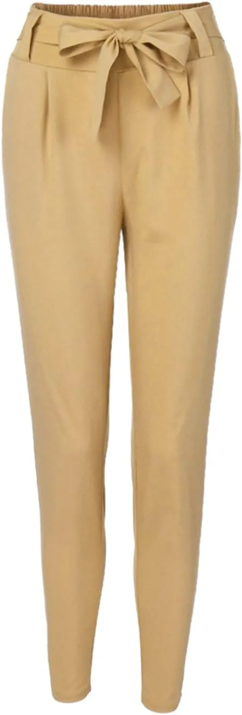 Women's Paper Bag Waist Pants Slim Fit Casual Office Pencil Trousers Elastic High Waist Bow-Knot Slacks with Pockets