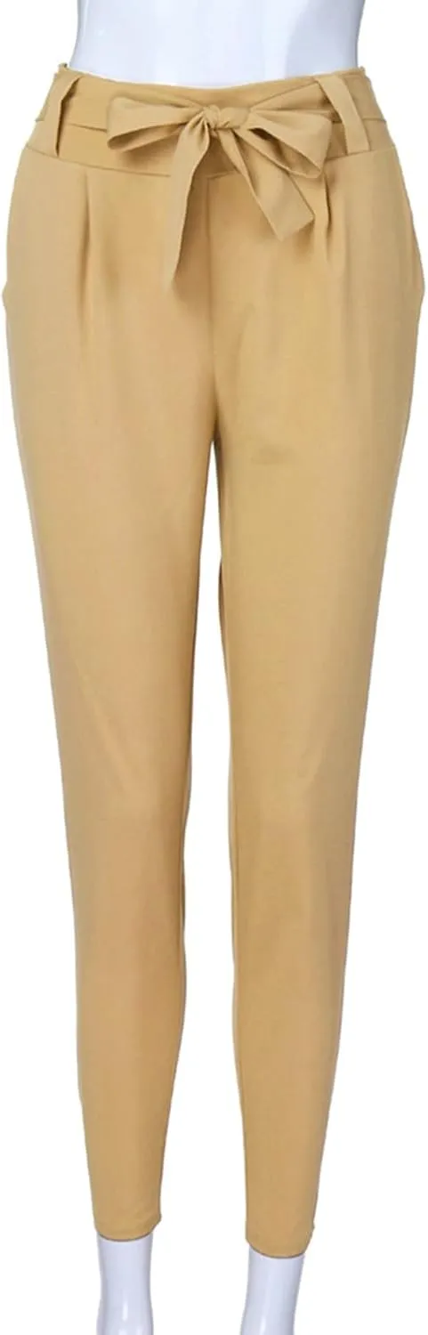 Women's Paper Bag Waist Pants Slim Fit Casual Office Pencil Trousers Elastic High Waist Bow-Knot Slacks with Pockets