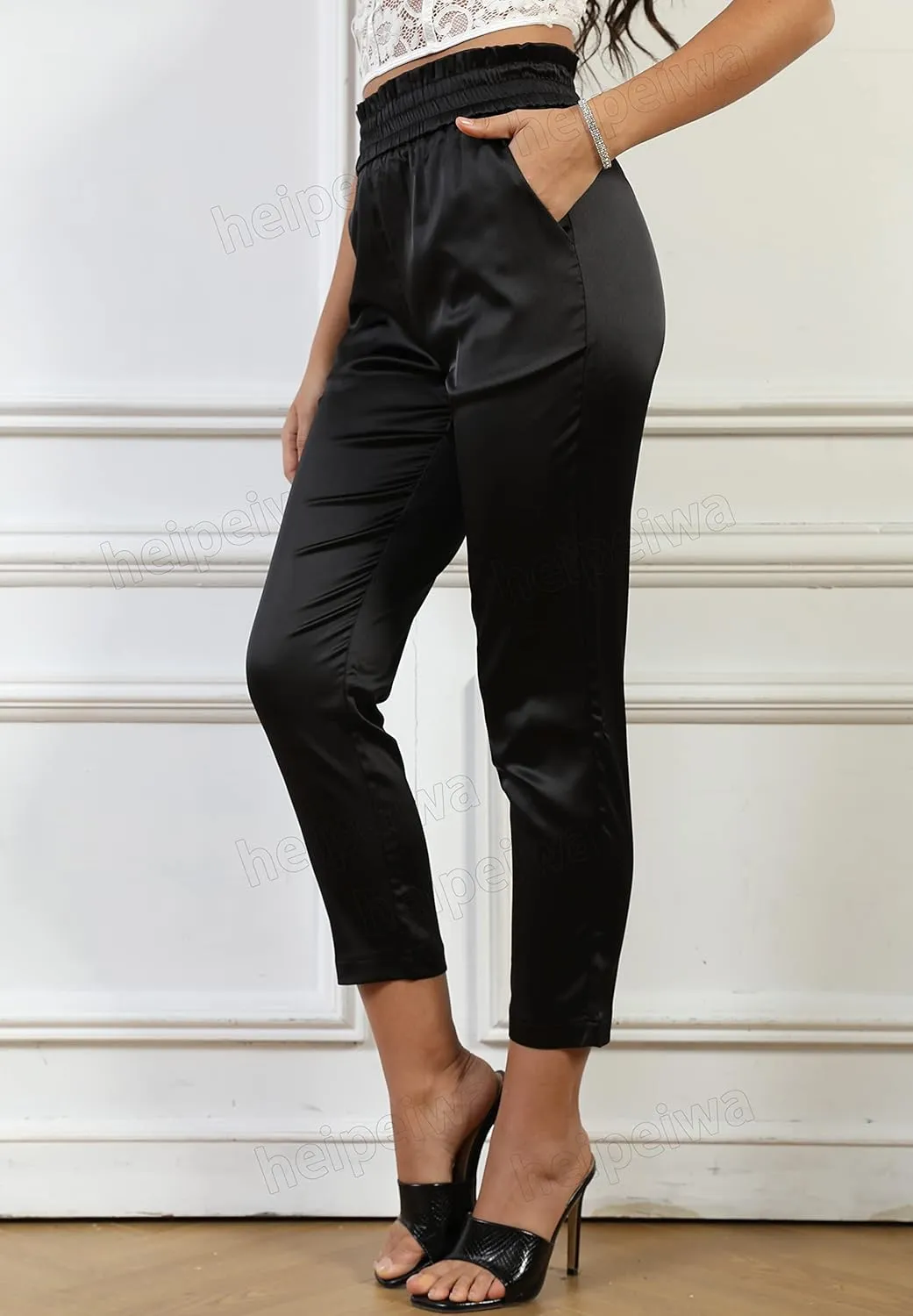 Women's Paperbag Satin Silky Party Wedding Metallic Dress Elastic Waist Pants Clubwear