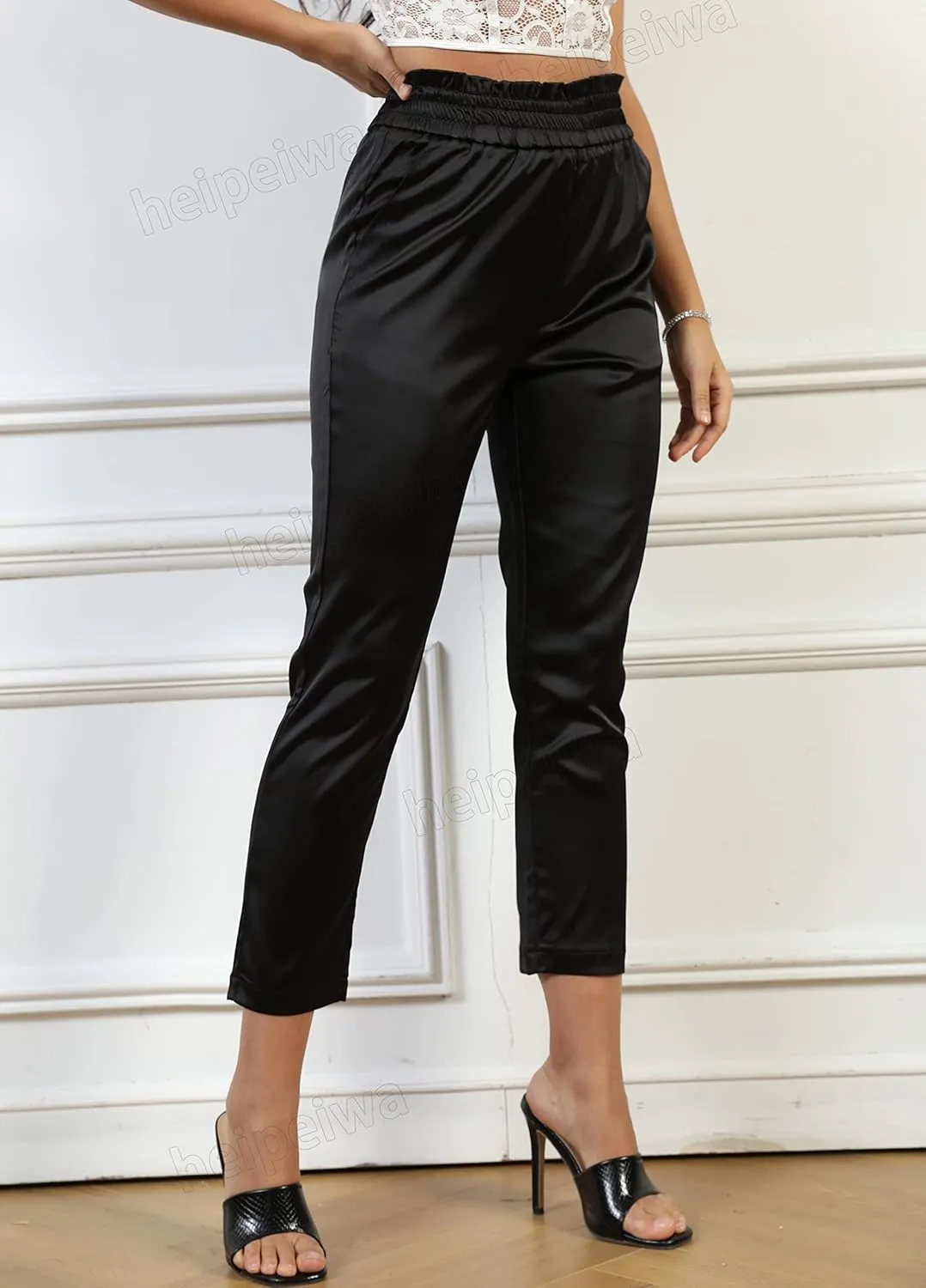 Women's Paperbag Satin Silky Party Wedding Metallic Dress Elastic Waist Pants Clubwear