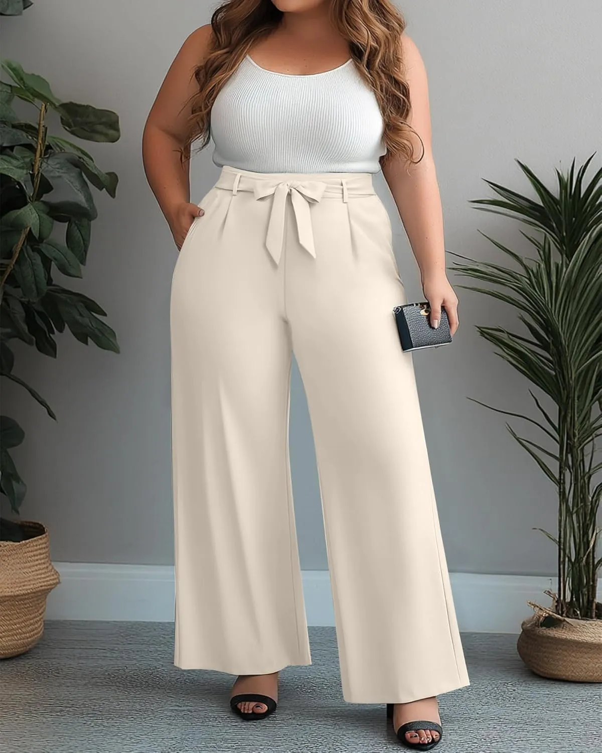 Women's Plus Size Wide Leg Dress Pants High Waist Palazzo Adjustable Knot Casual Business Trousers with Pockets