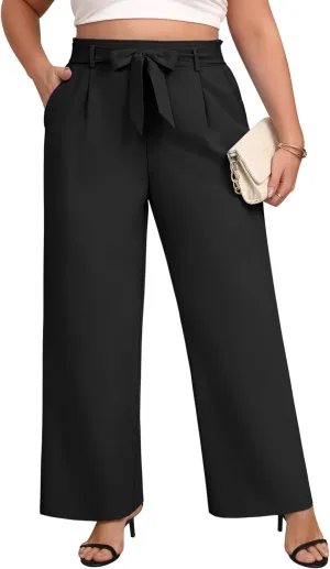 Women's Plus Size Wide Leg Dress Pants High Waist Palazzo Adjustable Knot Casual Business Trousers with Pockets