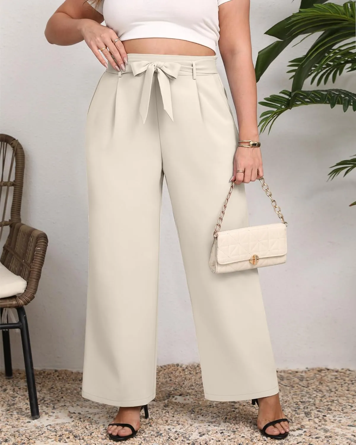 Women's Plus Size Wide Leg Dress Pants High Waist Palazzo Adjustable Knot Casual Business Trousers with Pockets