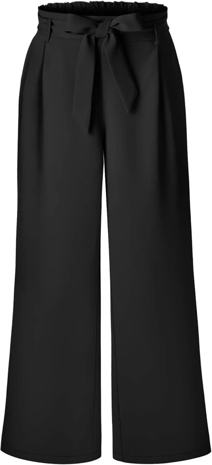 Women's Plus Size Wide Leg Dress Pants High Waist Palazzo Adjustable Knot Casual Business Trousers with Pockets
