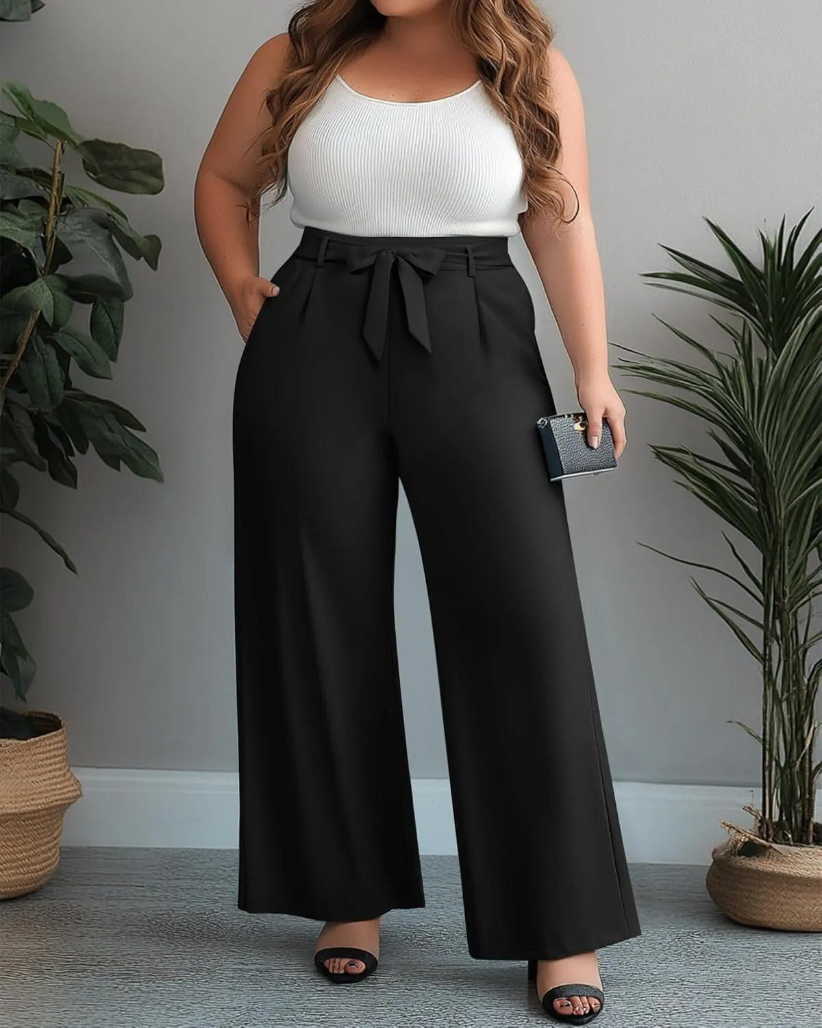 Women's Plus Size Wide Leg Dress Pants High Waist Palazzo Adjustable Knot Casual Business Trousers with Pockets