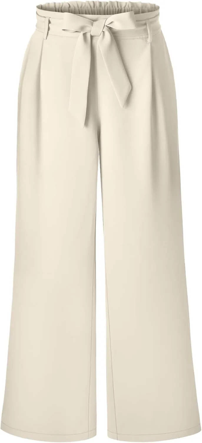 Women's Plus Size Wide Leg Dress Pants High Waist Palazzo Adjustable Knot Casual Business Trousers with Pockets