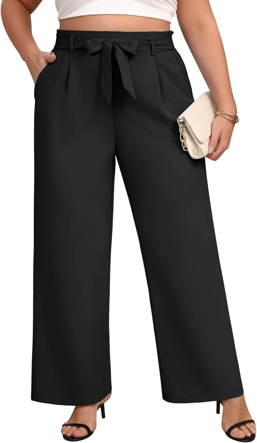 Women's Plus Size Wide Leg Dress Pants High Waist Palazzo Adjustable Knot Casual Business Trousers with Pockets