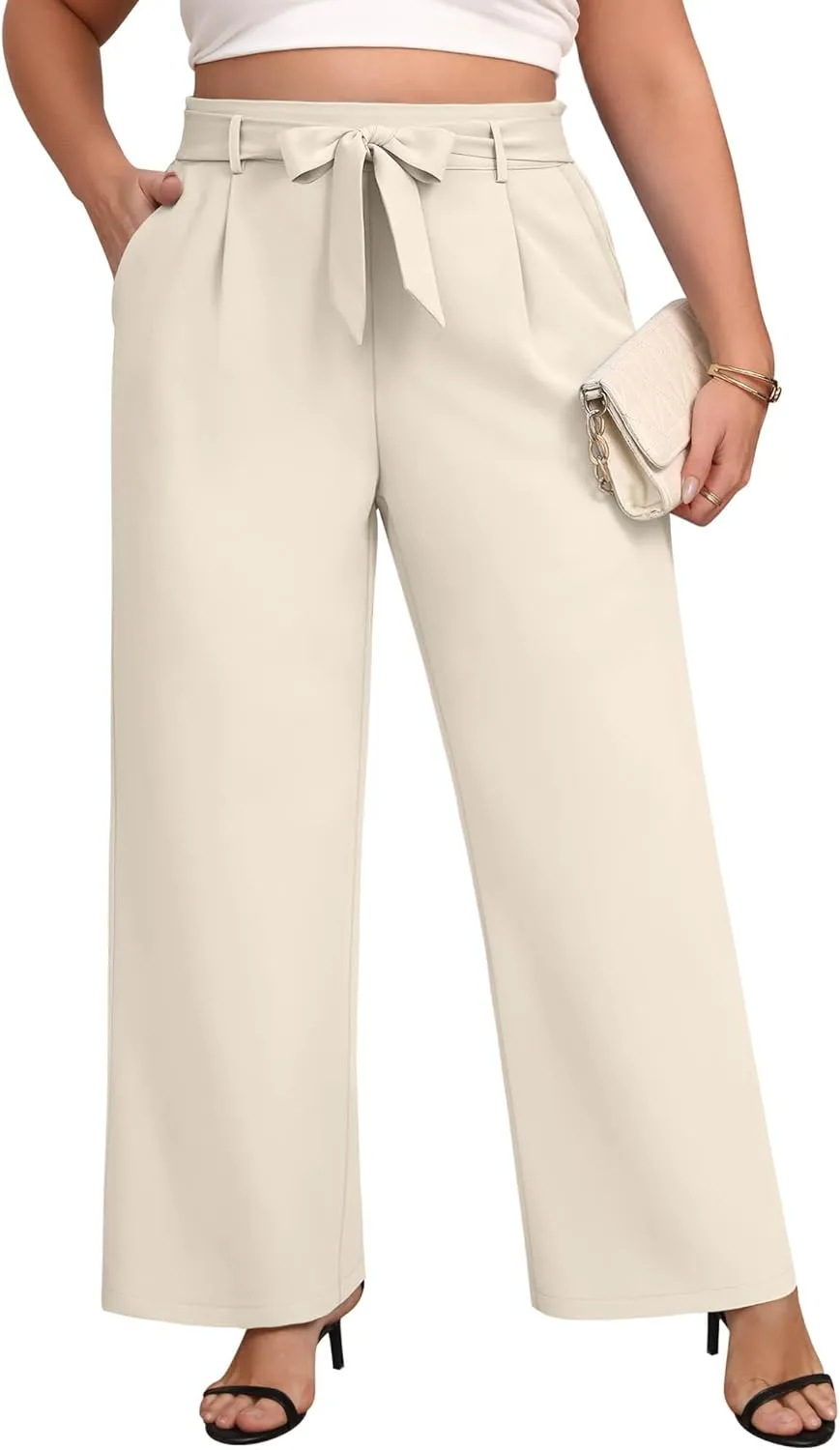 Women's Plus Size Wide Leg Dress Pants High Waist Palazzo Adjustable Knot Casual Business Trousers with Pockets