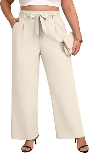 Women's Plus Size Wide Leg Dress Pants High Waist Palazzo Adjustable Knot Casual Business Trousers with Pockets