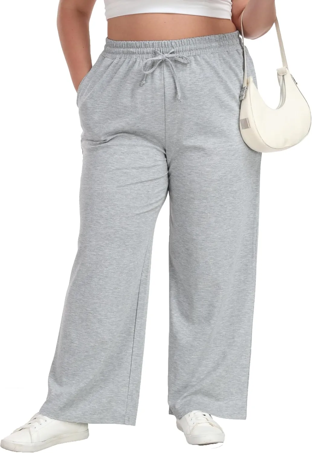 Women's Plus Size Wide Leg Pants Elastic Waist Casual Pants Summer Loose Fit Sweatpants with Pockets Drawstring