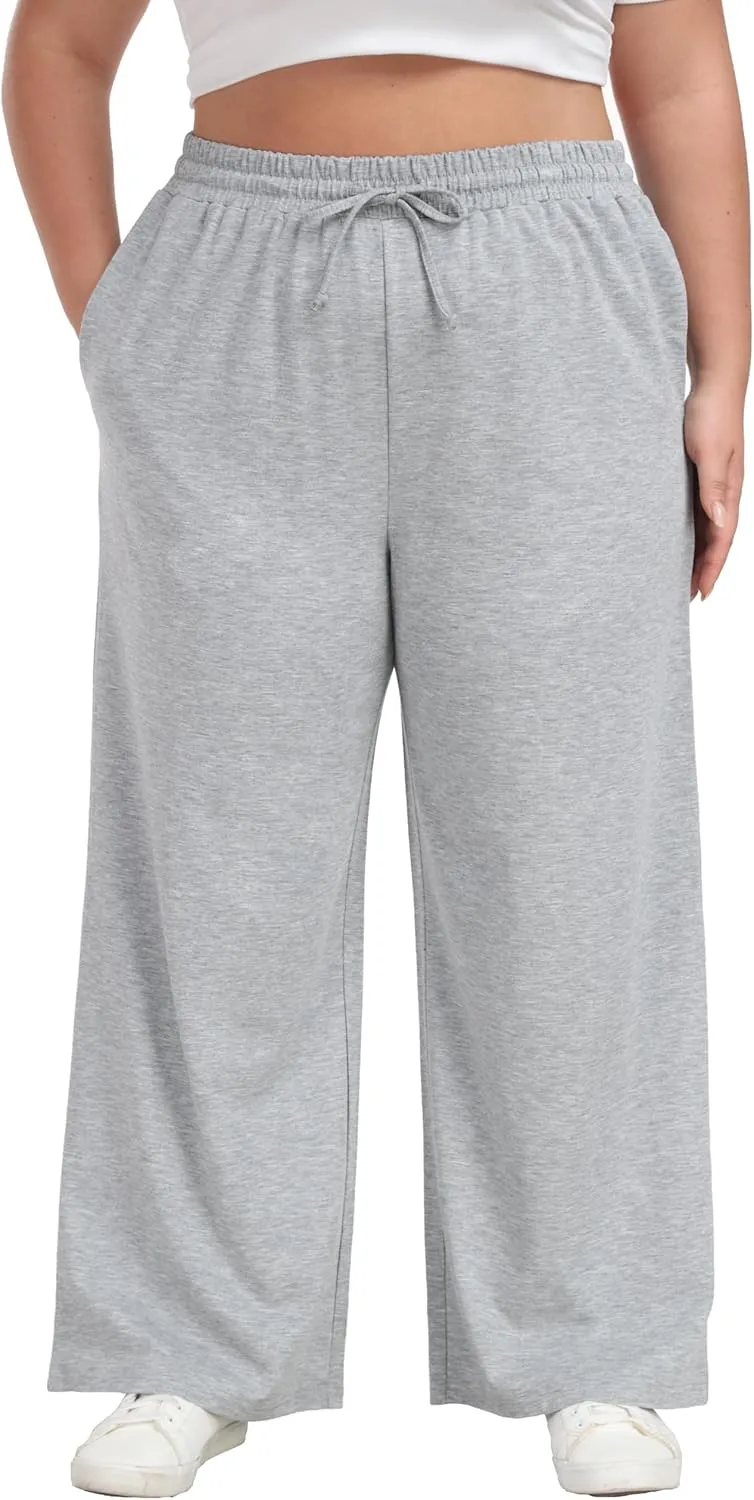 Women's Plus Size Wide Leg Pants Elastic Waist Casual Pants Summer Loose Fit Sweatpants with Pockets Drawstring
