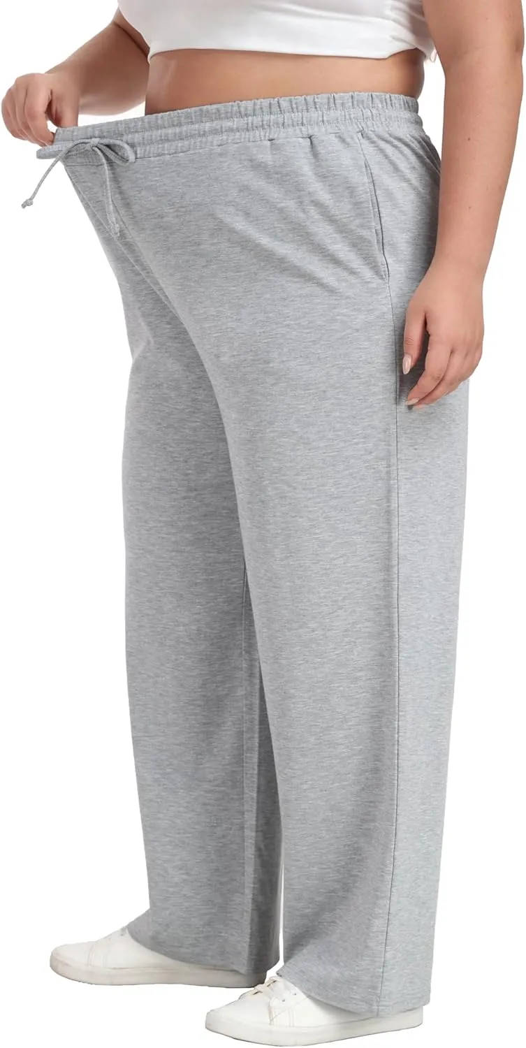 Women's Plus Size Wide Leg Pants Elastic Waist Casual Pants Summer Loose Fit Sweatpants with Pockets Drawstring