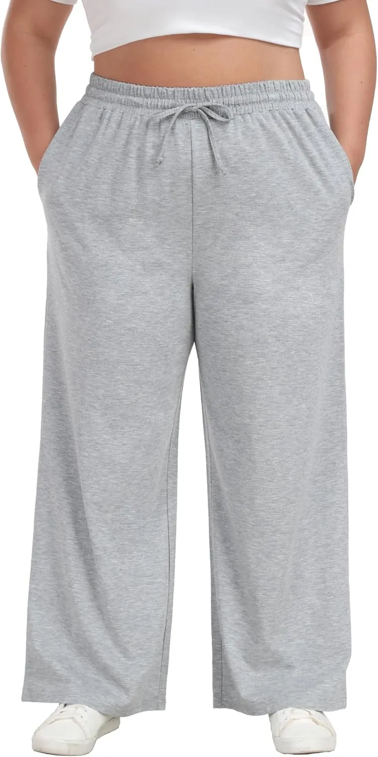 Women's Plus Size Wide Leg Pants Elastic Waist Casual Pants Summer Loose Fit Sweatpants with Pockets Drawstring