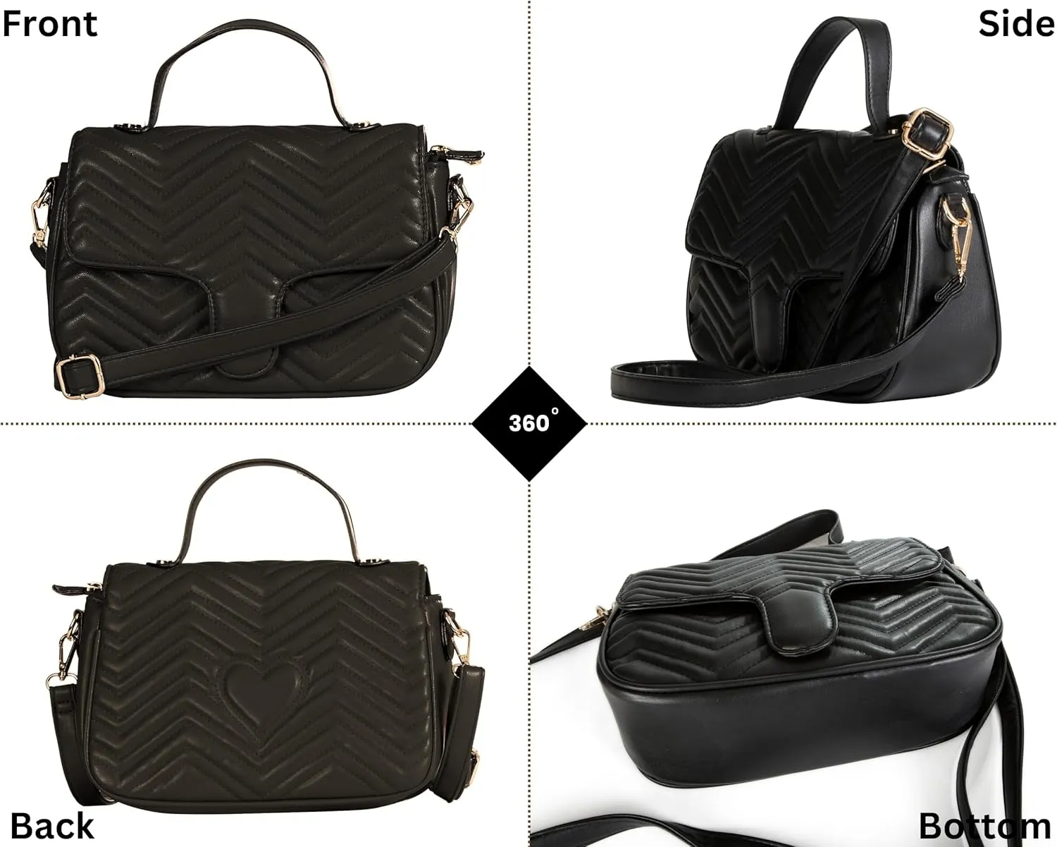Women’s Quilted Faux Leather Satchel Bag – Top Handle & Crossbody Strap – Heart Detail Purse – Kiki
