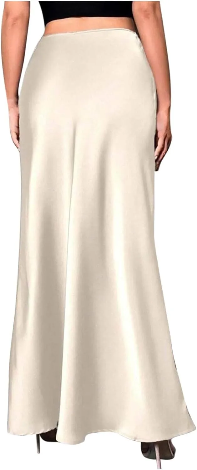 Womens Satin High Waist Elastic Maxi Skirt Silk Elegant Dressy Bodycon A-Line Long Skirts Cocktail Party Outfits