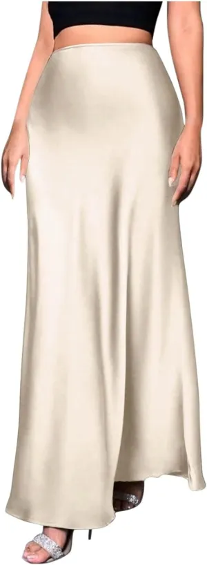 Womens Satin High Waist Elastic Maxi Skirt Silk Elegant Dressy Bodycon A-Line Long Skirts Cocktail Party Outfits