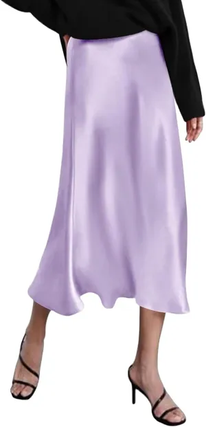 Womens Satin Silk Maxi Skirts Fashion Elastic High Waist Skirt Summer Casual Solid Color A Line Cocktail Party Skirt