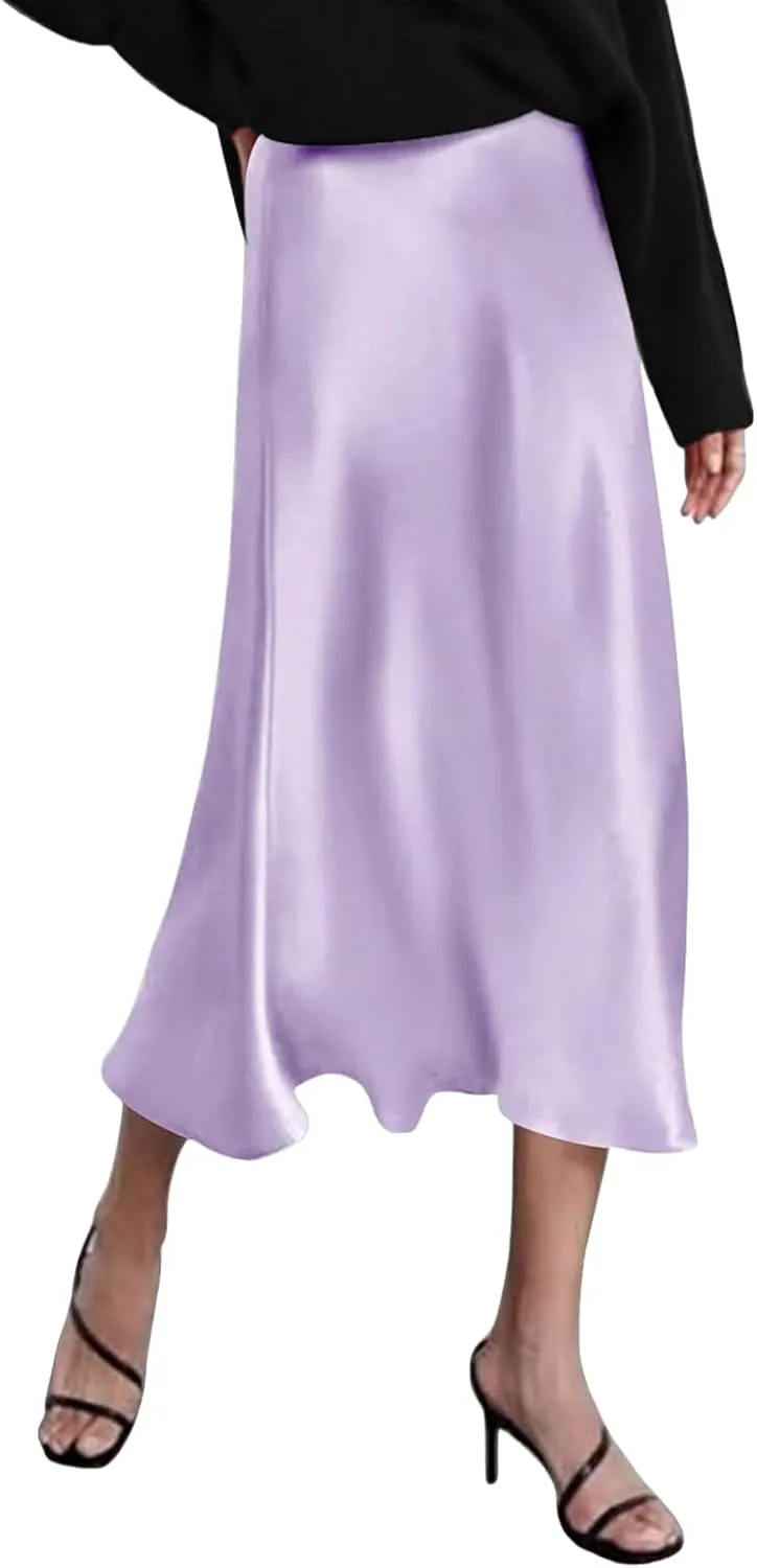 Womens Satin Silk Maxi Skirts Fashion Elastic High Waist Skirt Summer Casual Solid Color A Line Cocktail Party Skirt