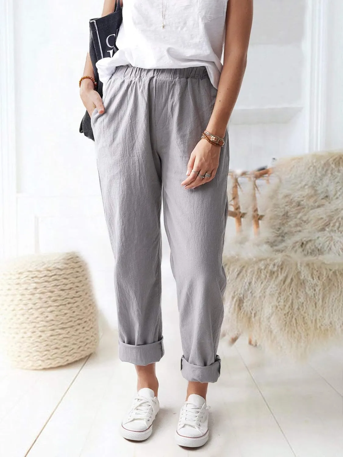 Women's Straight Pants Elastic Waist Casual Trousers Pants with Pockets