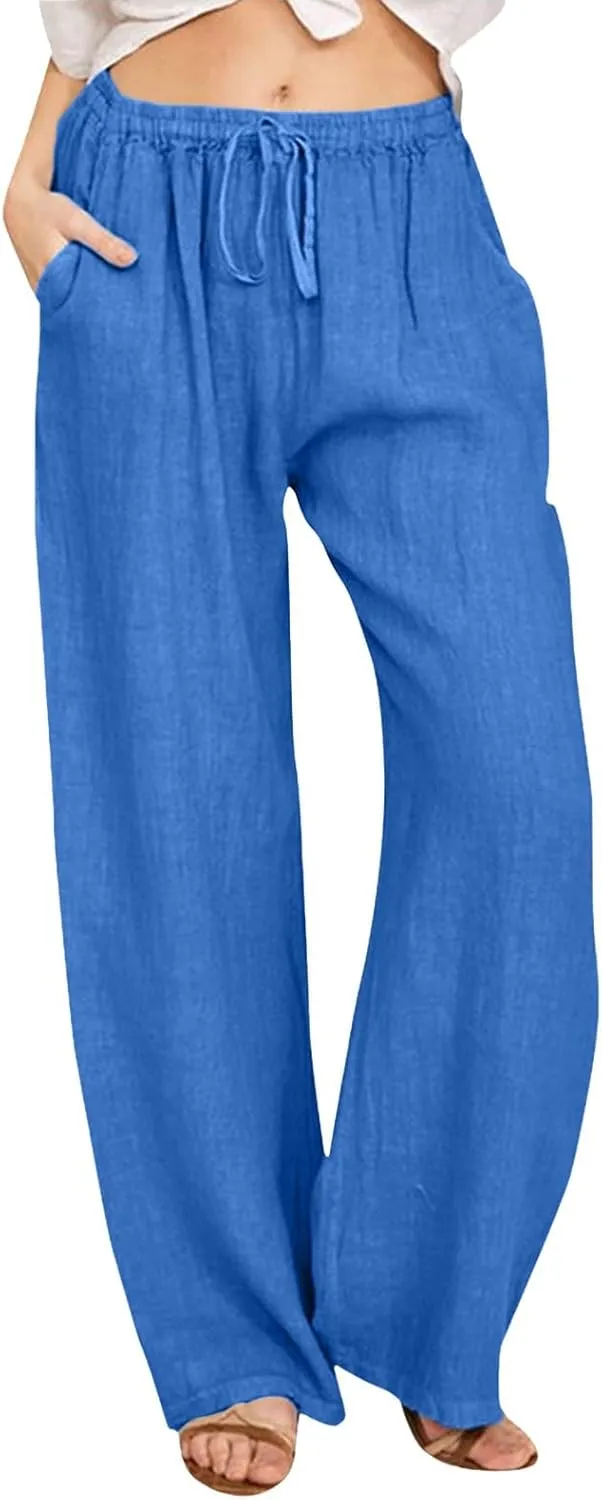 Women's Summer Linen Straight Elastic Waist Tie Belt Draped Fashion Pants Versatile Solid Color Casual Pants