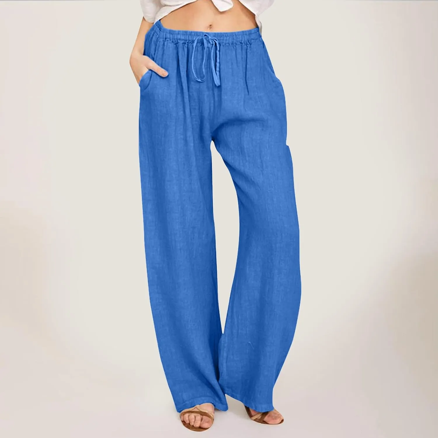 Women's Summer Linen Straight Elastic Waist Tie Belt Draped Fashion Pants Versatile Solid Color Casual Pants