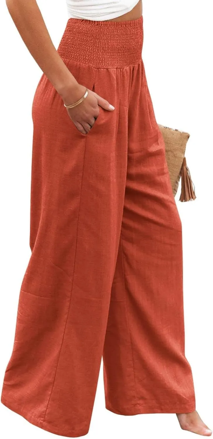 Womens Summer Palazzo Pants Casual Elastic High Waisted Wide Leg Pant Trendy Baggy Straight Leg Trouser with Pockets