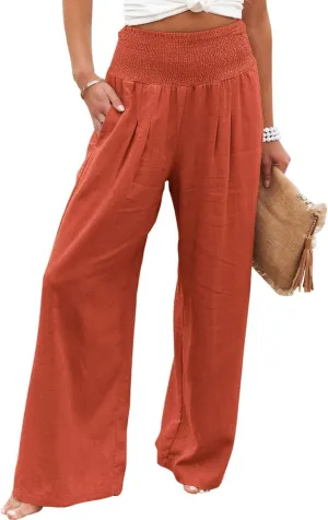 Womens Summer Palazzo Pants Casual Elastic High Waisted Wide Leg Pant Trendy Baggy Straight Leg Trouser with Pockets