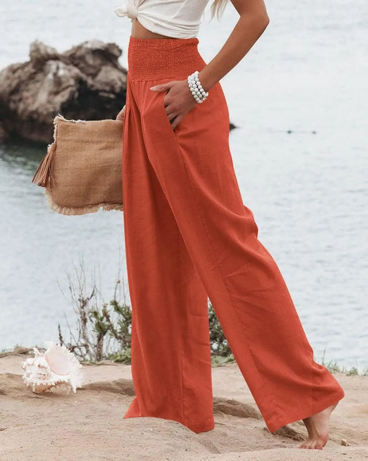 Womens Summer Palazzo Pants Casual Elastic High Waisted Wide Leg Pant Trendy Baggy Straight Leg Trouser with Pockets