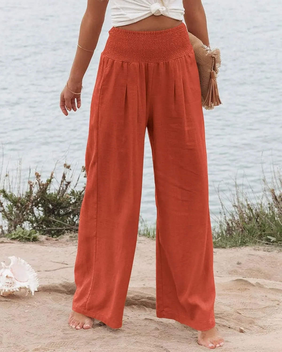 Womens Summer Palazzo Pants Casual Elastic High Waisted Wide Leg Pant Trendy Baggy Straight Leg Trouser with Pockets