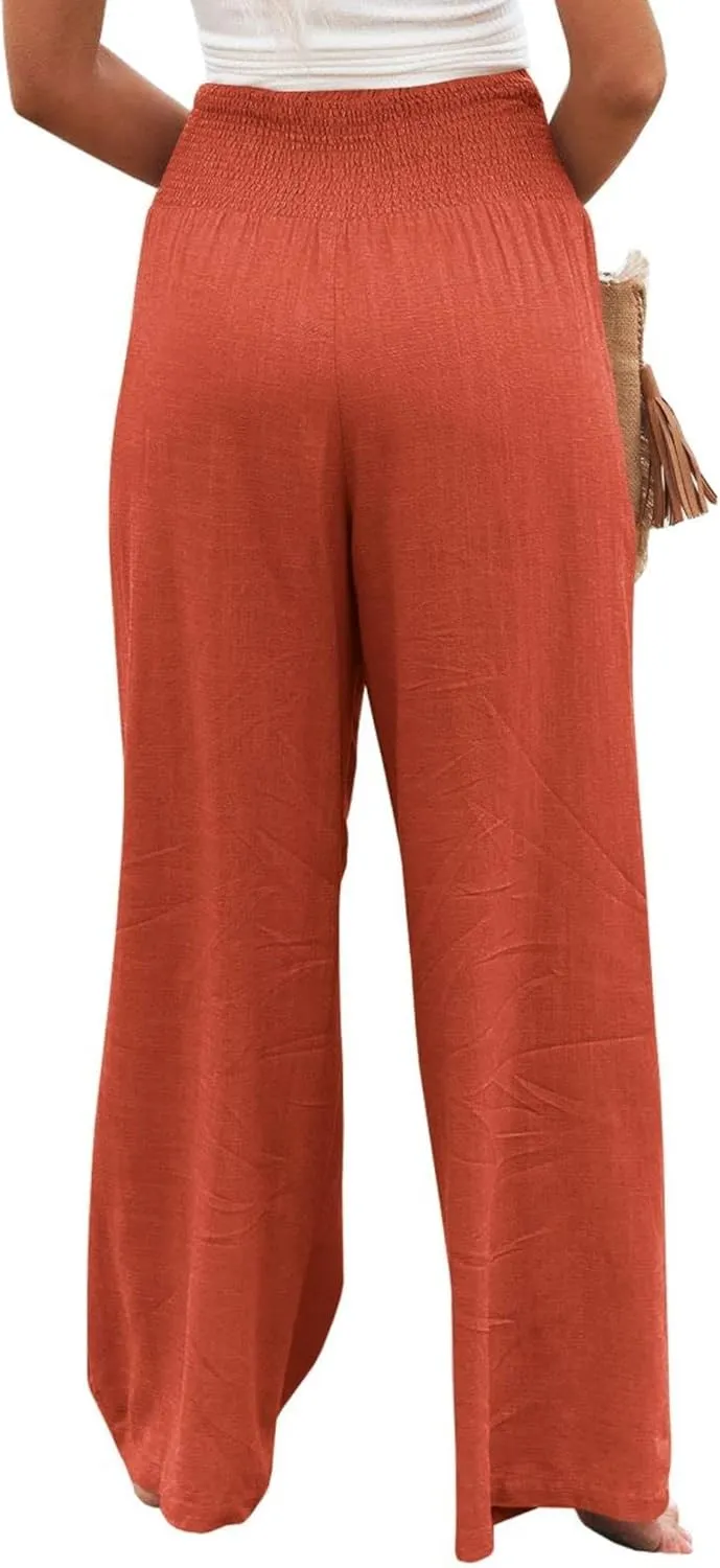 Womens Summer Palazzo Pants Casual Elastic High Waisted Wide Leg Pant Trendy Baggy Straight Leg Trouser with Pockets