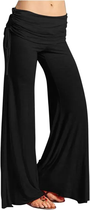 Women's Summer Vintage Print Wide Leg Pants Casual Flared Drawstring Trousers Elastic High Waist Palazzo Pants