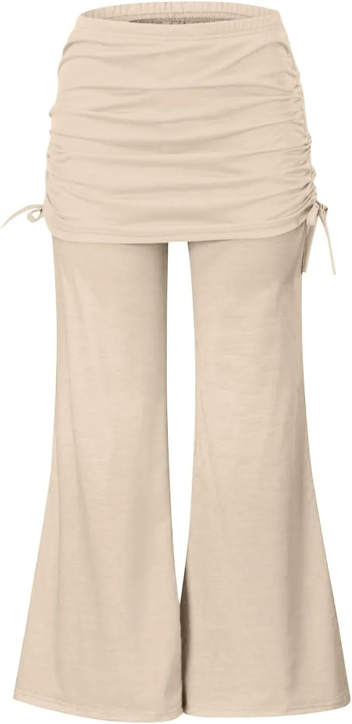 Women's Summer Vintage Print Wide Leg Pants Casual Flared Drawstring Trousers Elastic High Waist Palazzo Pants