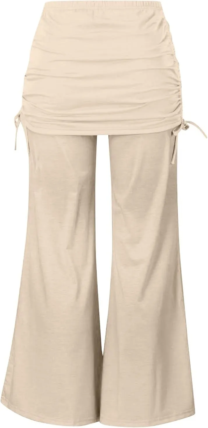 Women's Summer Vintage Print Wide Leg Pants Casual Flared Drawstring Trousers Elastic High Waist Palazzo Pants