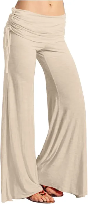 Women's Summer Vintage Print Wide Leg Pants Casual Flared Drawstring Trousers Elastic High Waist Palazzo Pants
