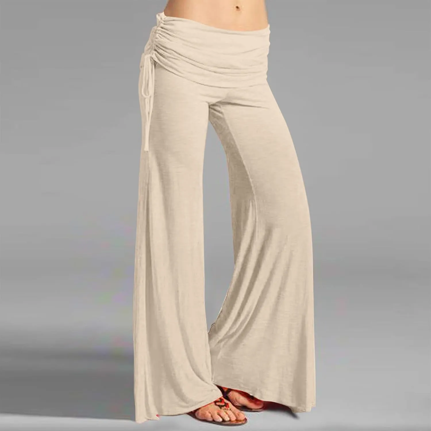 Women's Summer Vintage Print Wide Leg Pants Casual Flared Drawstring Trousers Elastic High Waist Palazzo Pants