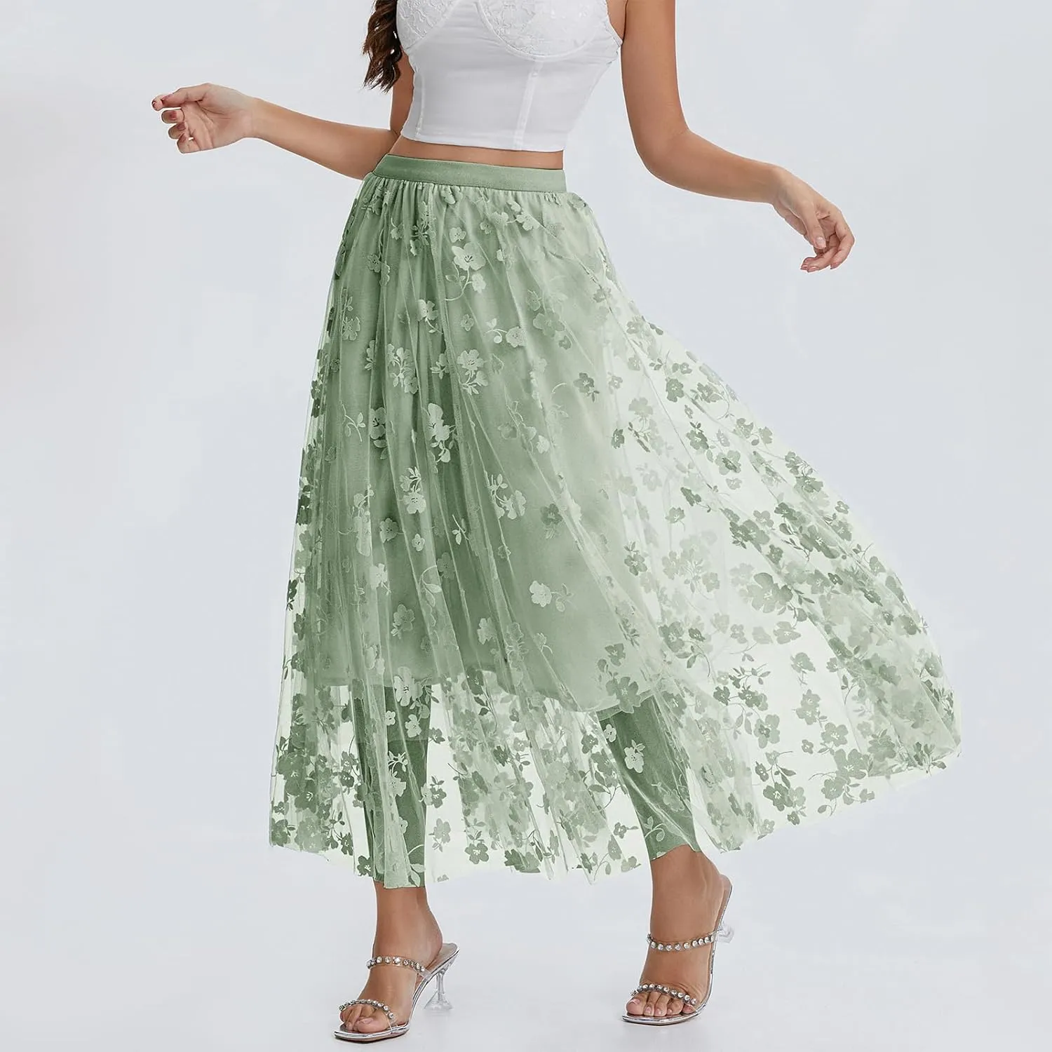 Women's Tulle Midi Skirt Elastic High Waist Layered Pleated Mesh Flowy A-Line Prom Party Long Tutu Skirts